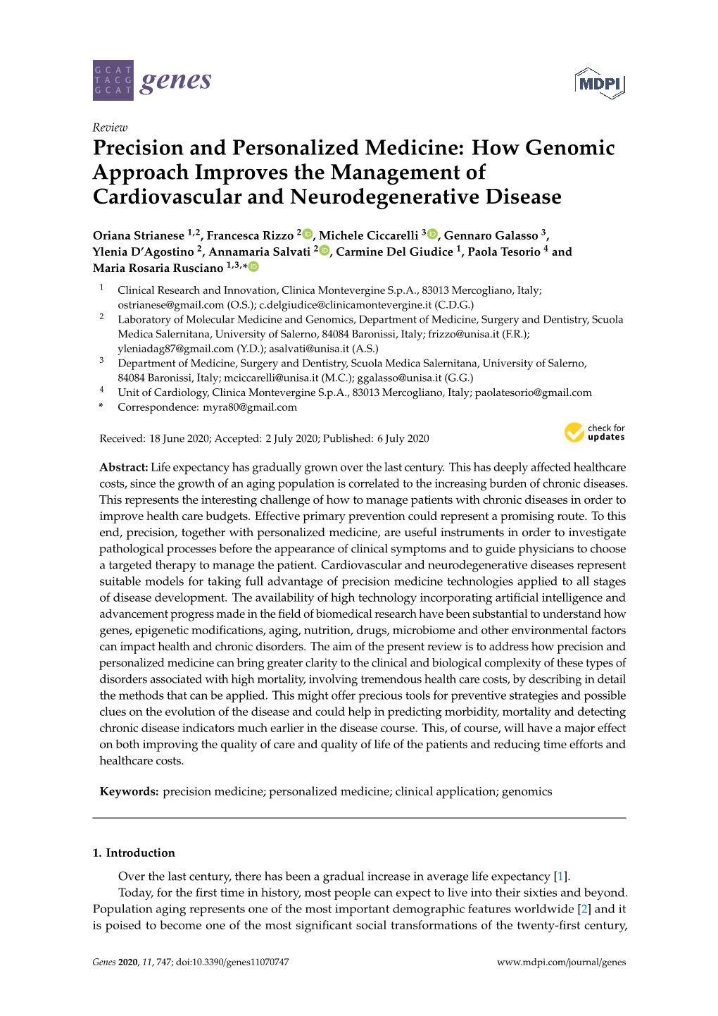 Precision and Personalized Medicine: How Genomic Approach Improves the Management of Cardiovascular and Neurodegenerative Disease