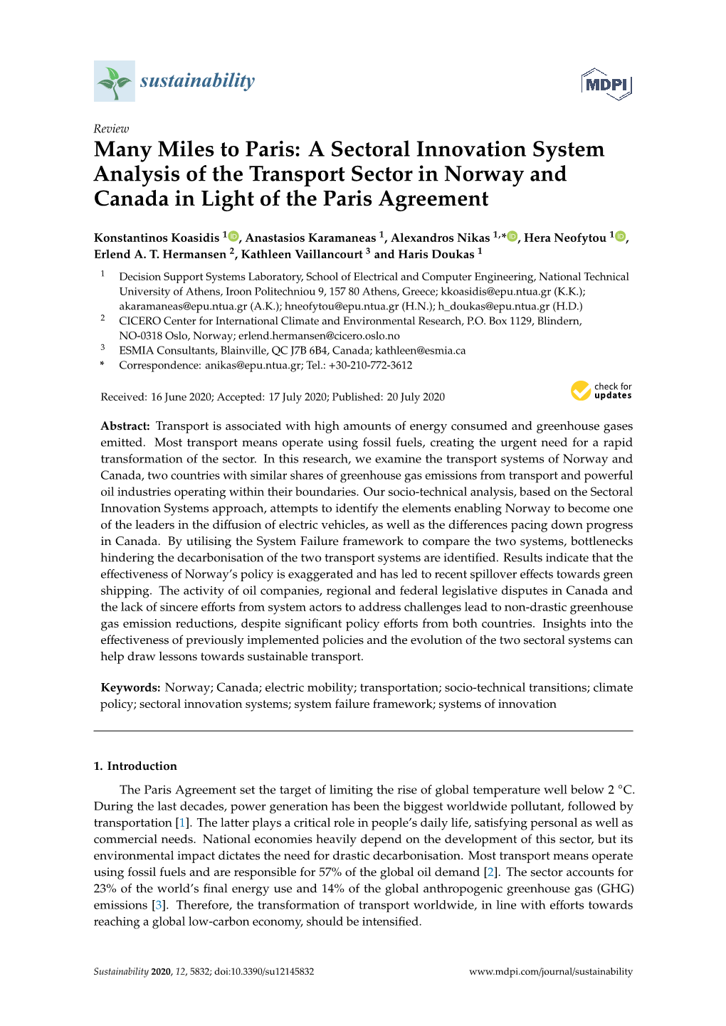 A Sectoral Innovation System Analysis of the Transport Sector in Norway and Canada in Light of the Paris Agreement