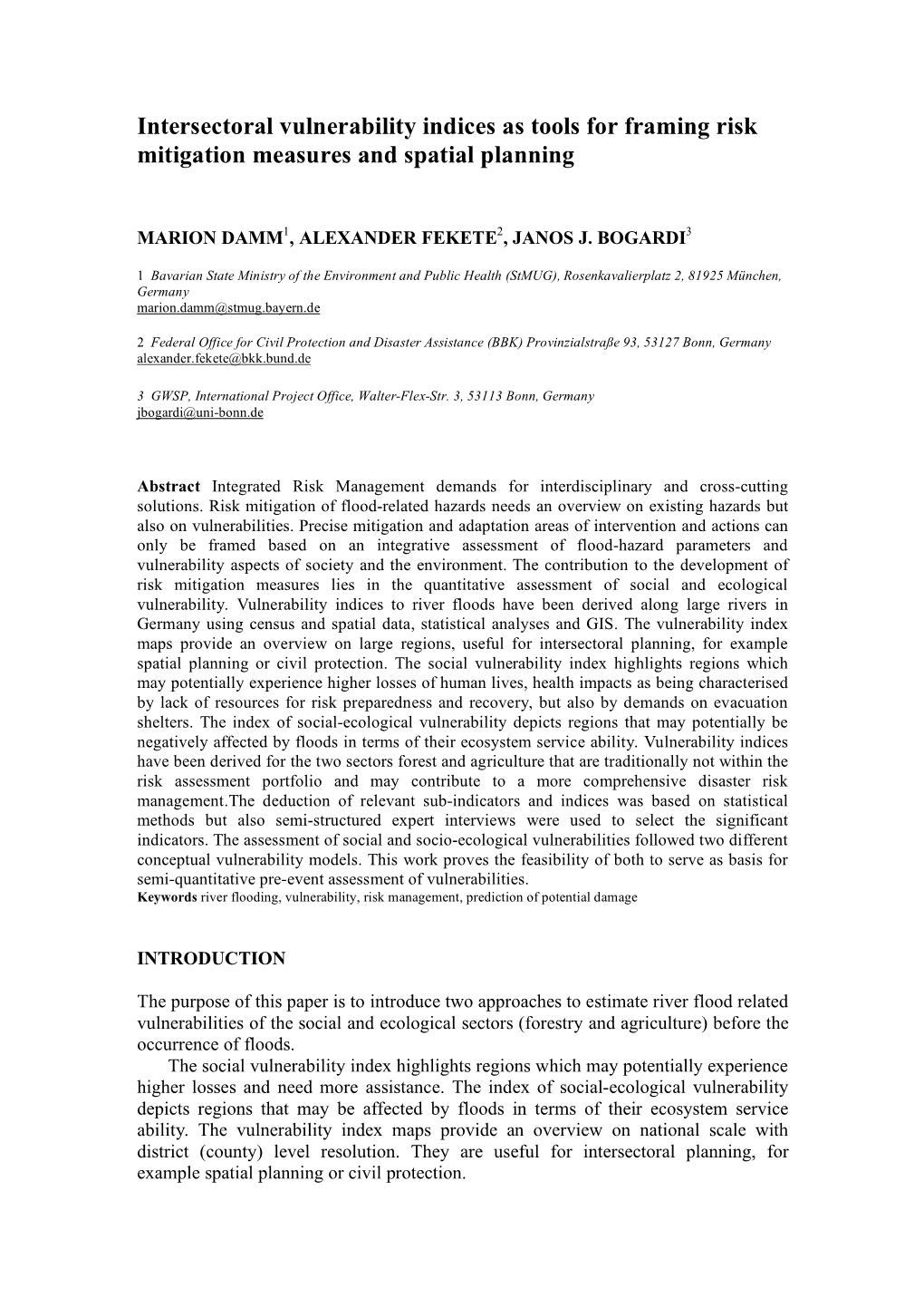 Intersectoral Vulnerability Indices As Tools for Framing Risk Mitigation Measures and Spatial Planning