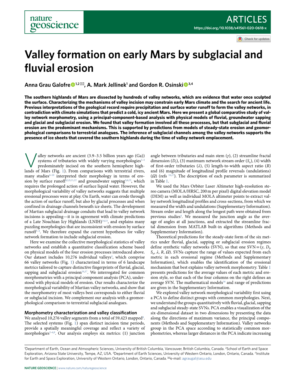 Valley Formation on Early Mars by Subglacial and Fluvial Erosion