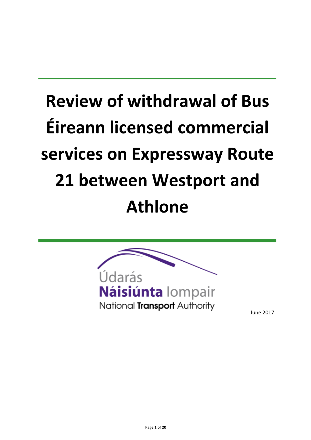 Review of Withdrawal of Bus Éireann Licensed Commercial Services on Expressway Route 21 Between Westport and Athlone