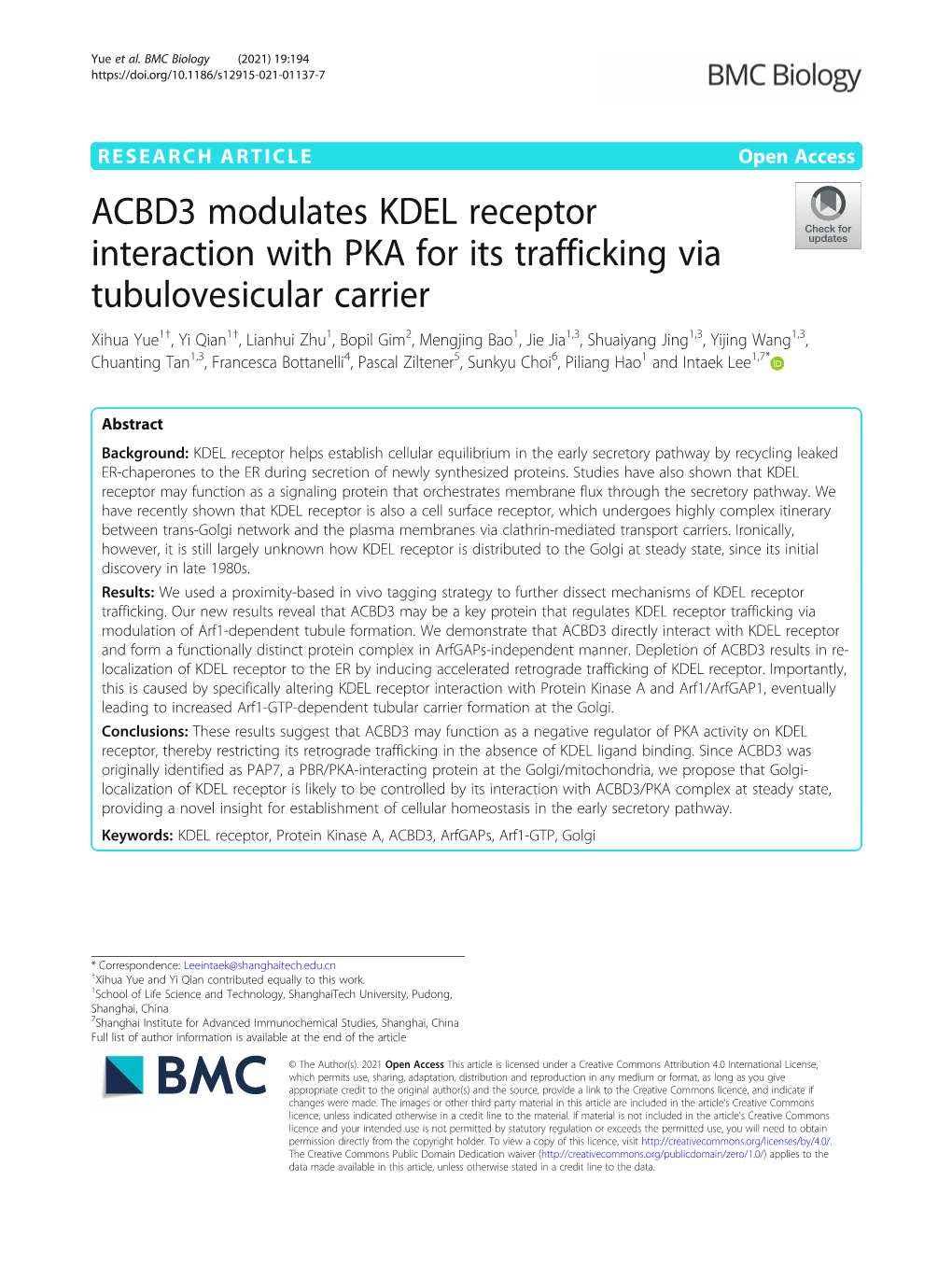 ACBD3 Modulates KDEL Receptor Interaction with PKA for Its