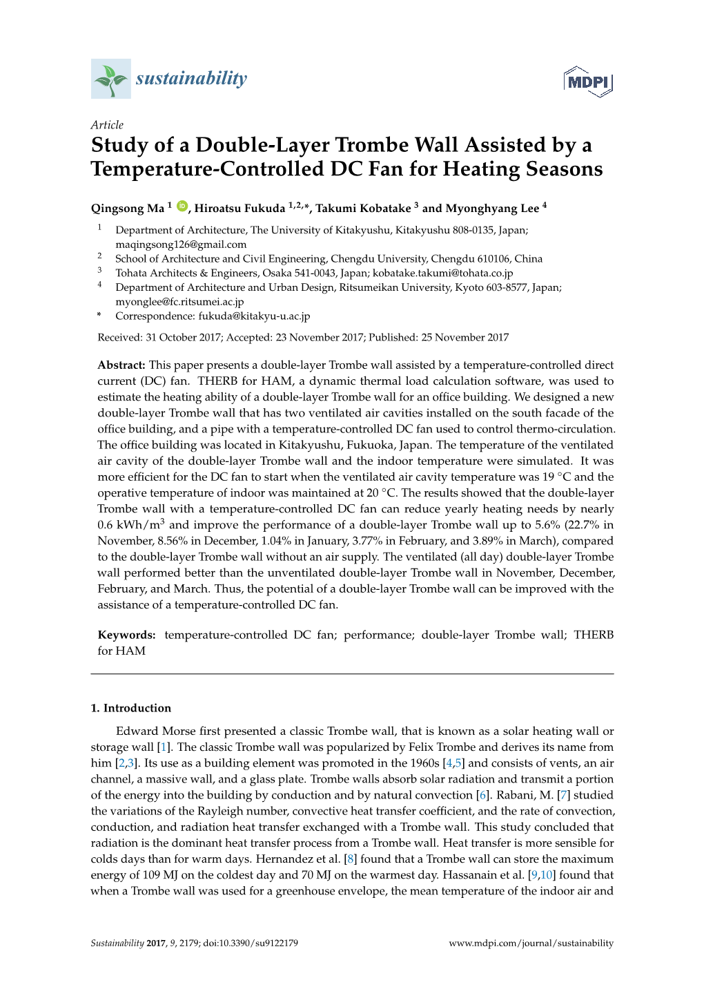 Study of a Double-Layer Trombe Wall Assisted by a Temperature-Controlled DC Fan for Heating Seasons