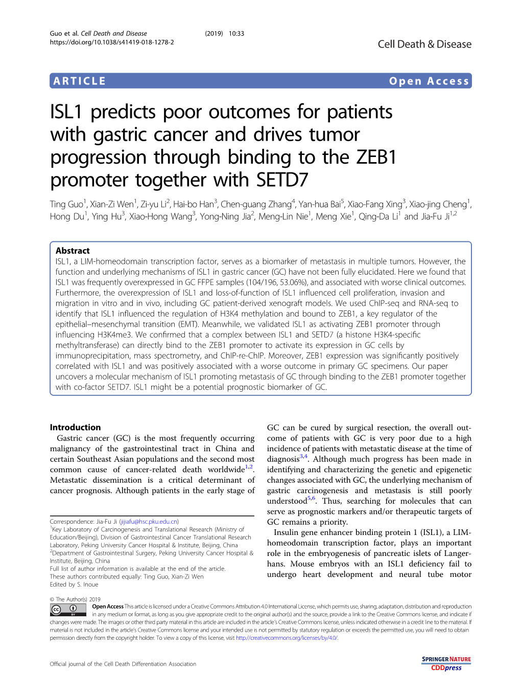 ISL1 Predicts Poor Outcomes for Patients with Gastric Cancer And