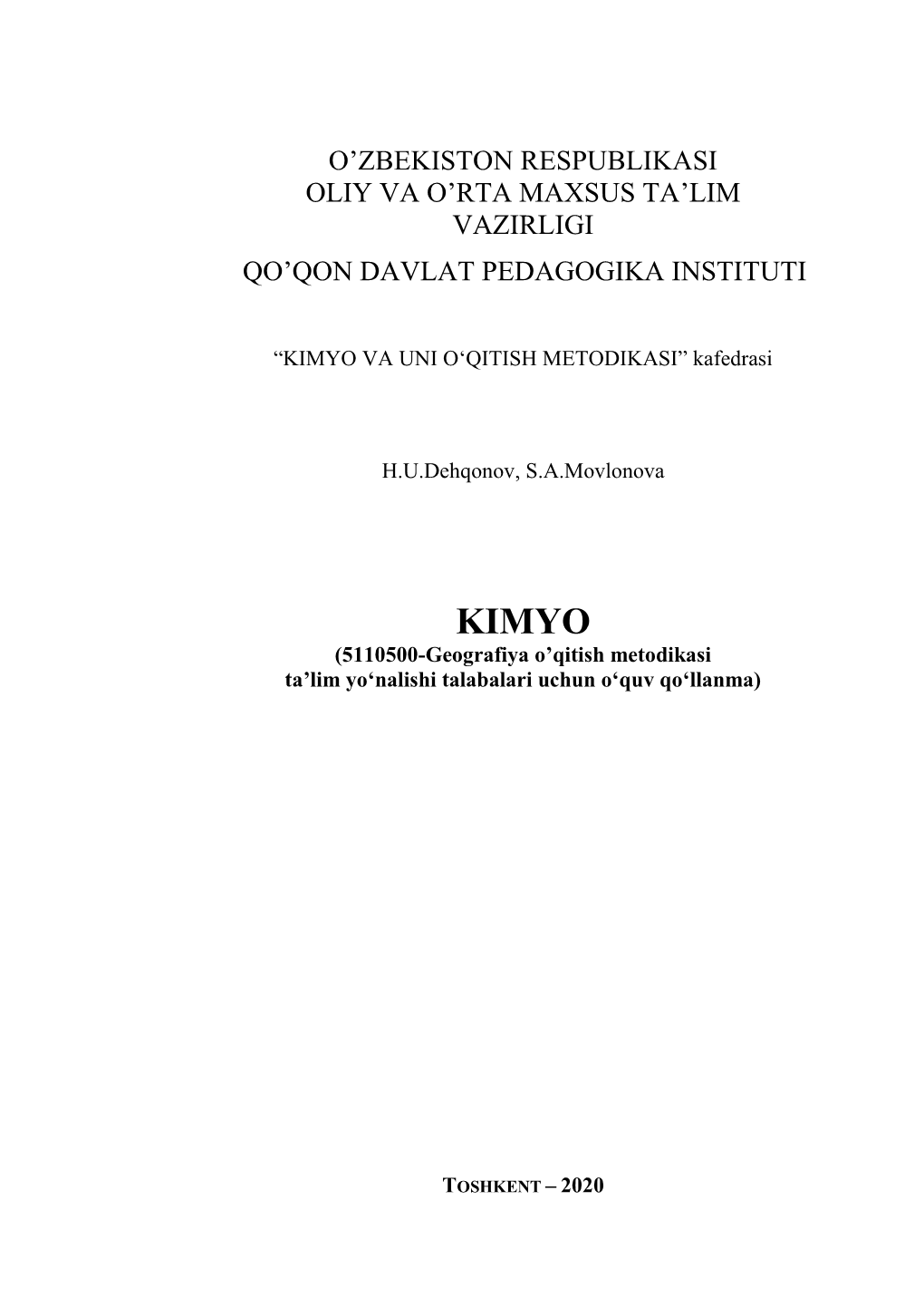 O'zbekiston Respublikasi Oliy Va O'rta Maxsus Ta'lim Vazirligi Qo'qon Davlat Pedagogika Instituti