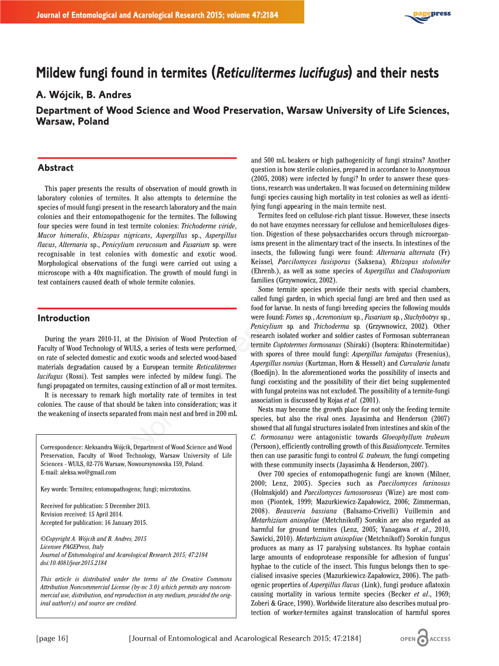 Mildew Fungi Found in Termites (Reticulitermes Lucifugus) and Their Nests A