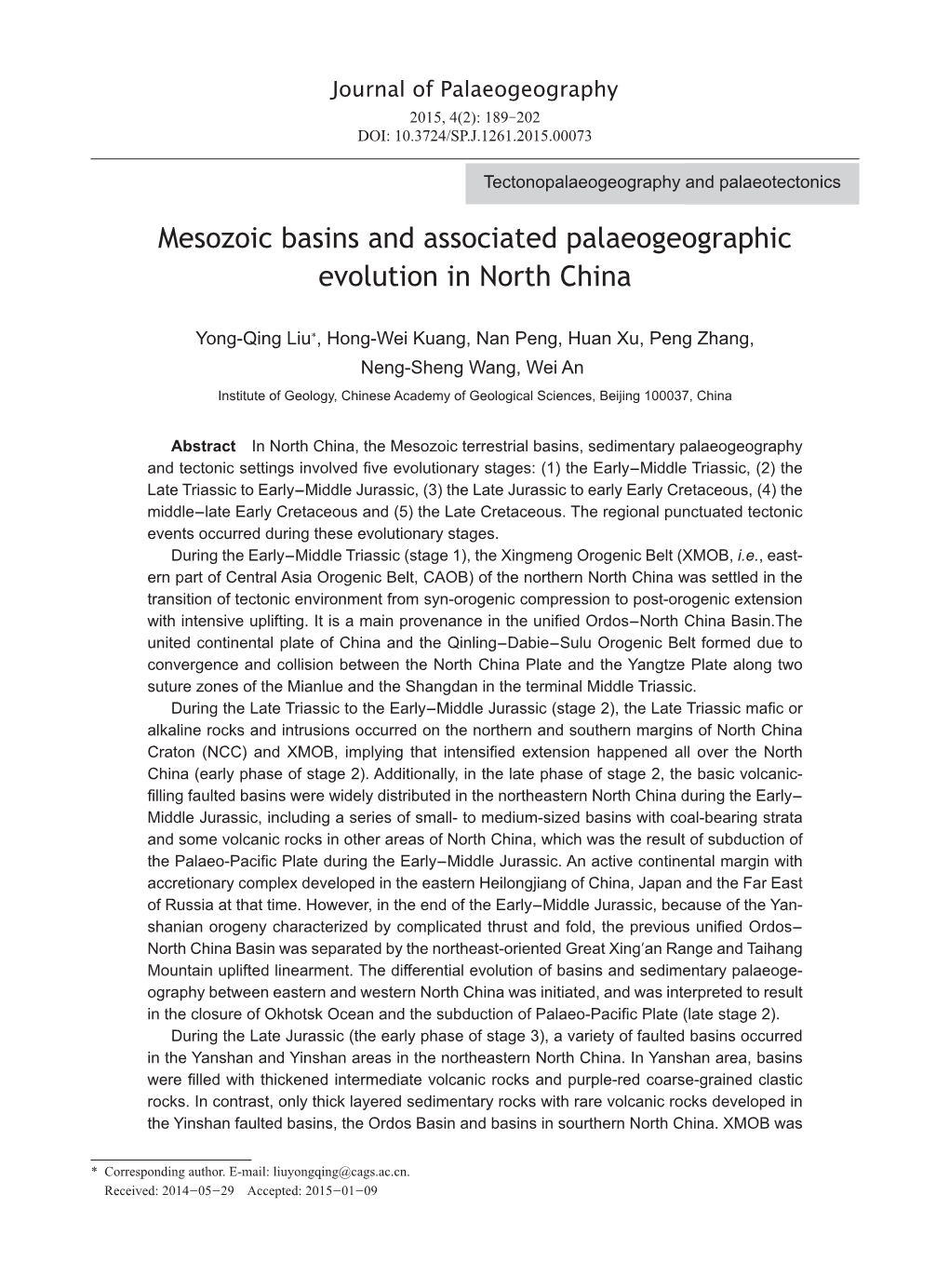 Mesozoic Basins and Associated Palaeogeographic Evolution in North China