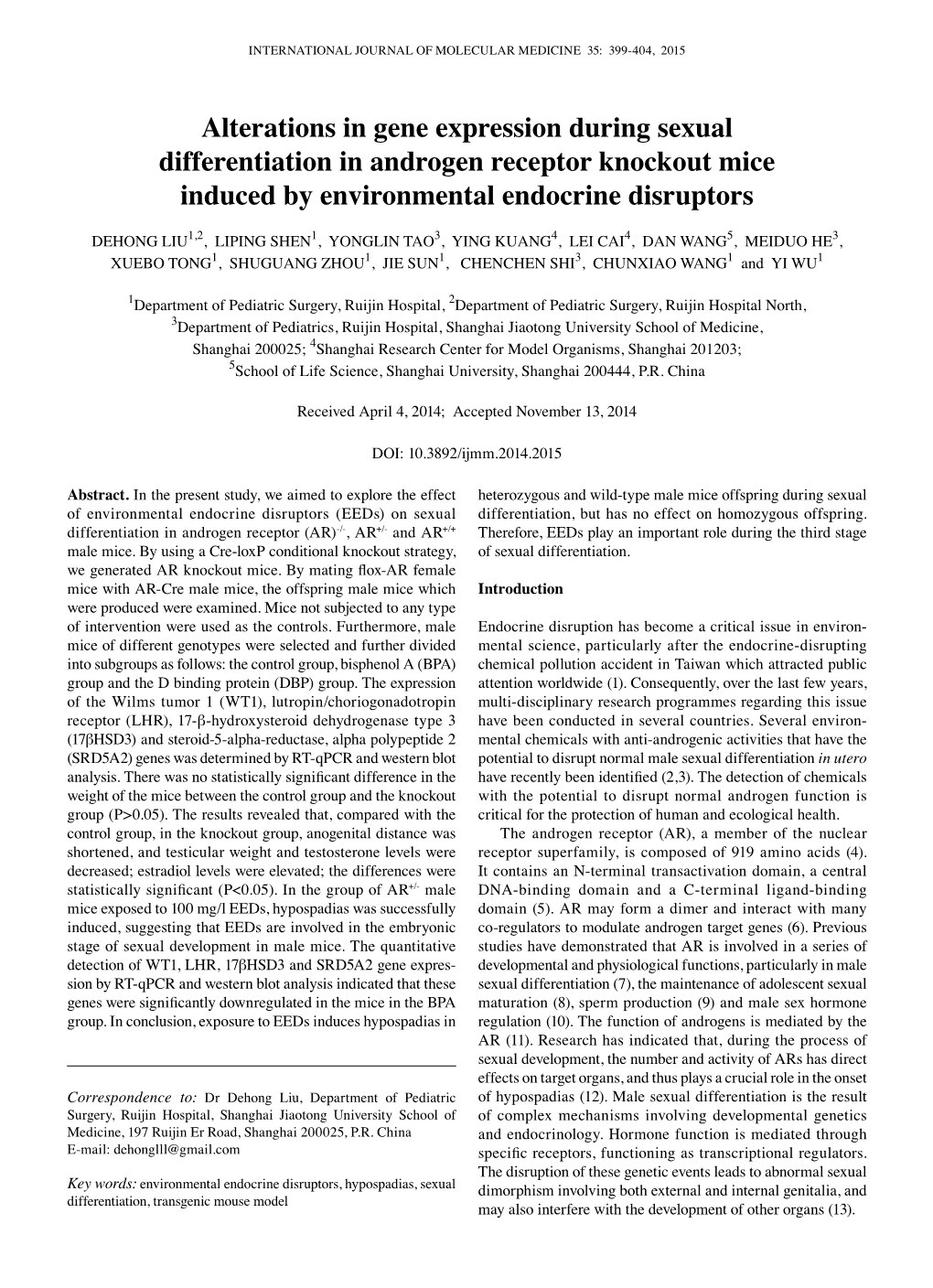 Alterations in Gene Expression During Sexual Differentiation in Androgen Receptor Knockout Mice Induced by Environmental Endocrine Disruptors