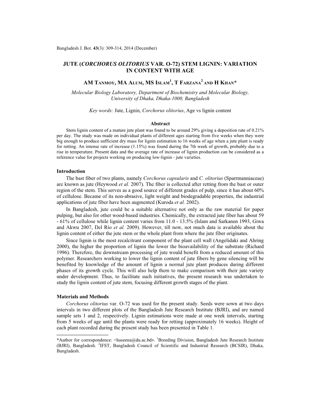 Jute (Corchorus Olitorius Var. O-72) Stem Lignin: Variation in Content with Age