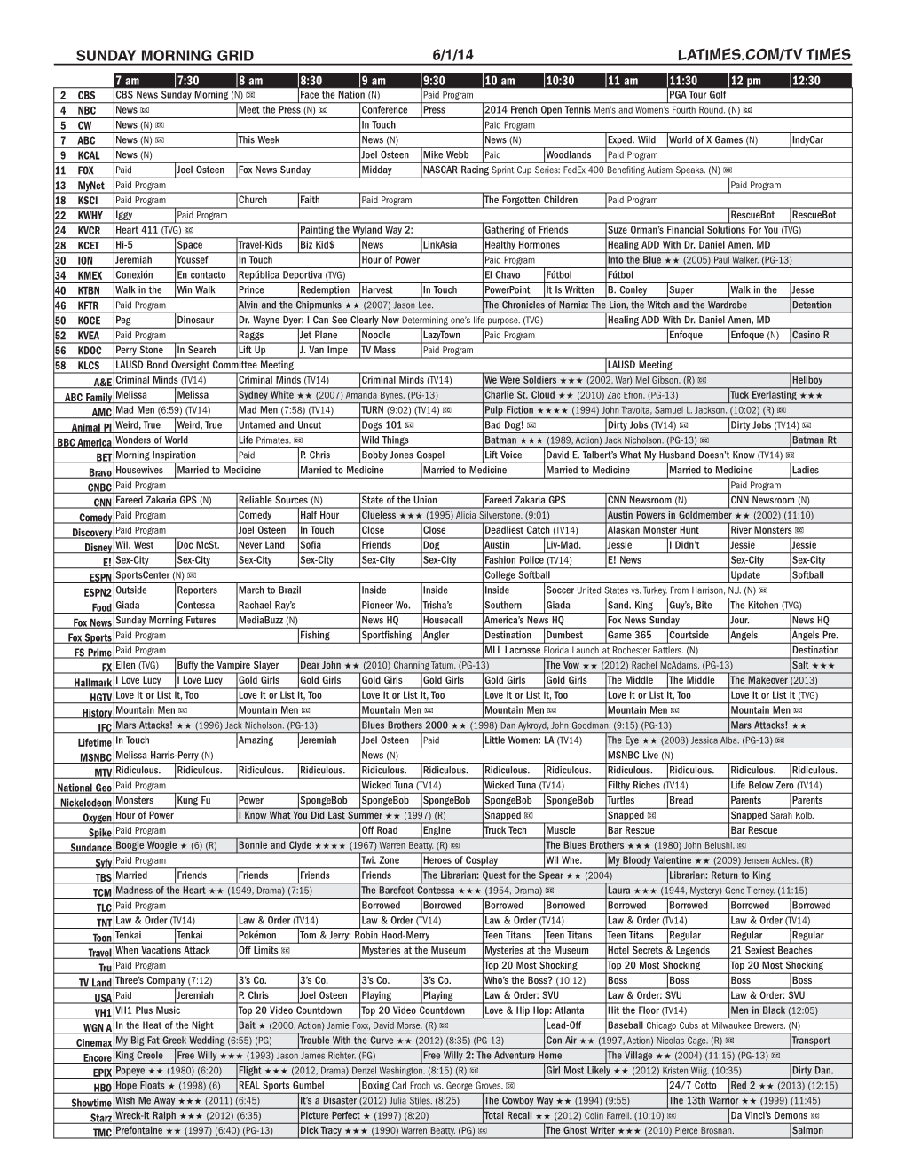 Sunday Morning Grid 6/1/14 Latimes.Com/Tv Times