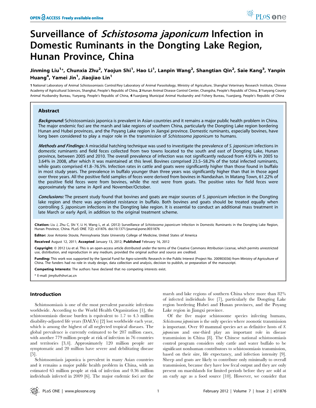 Surveillance of Schistosoma Japonicum Infection in Domestic Ruminants in the Dongting Lake Region, Hunan Province, China