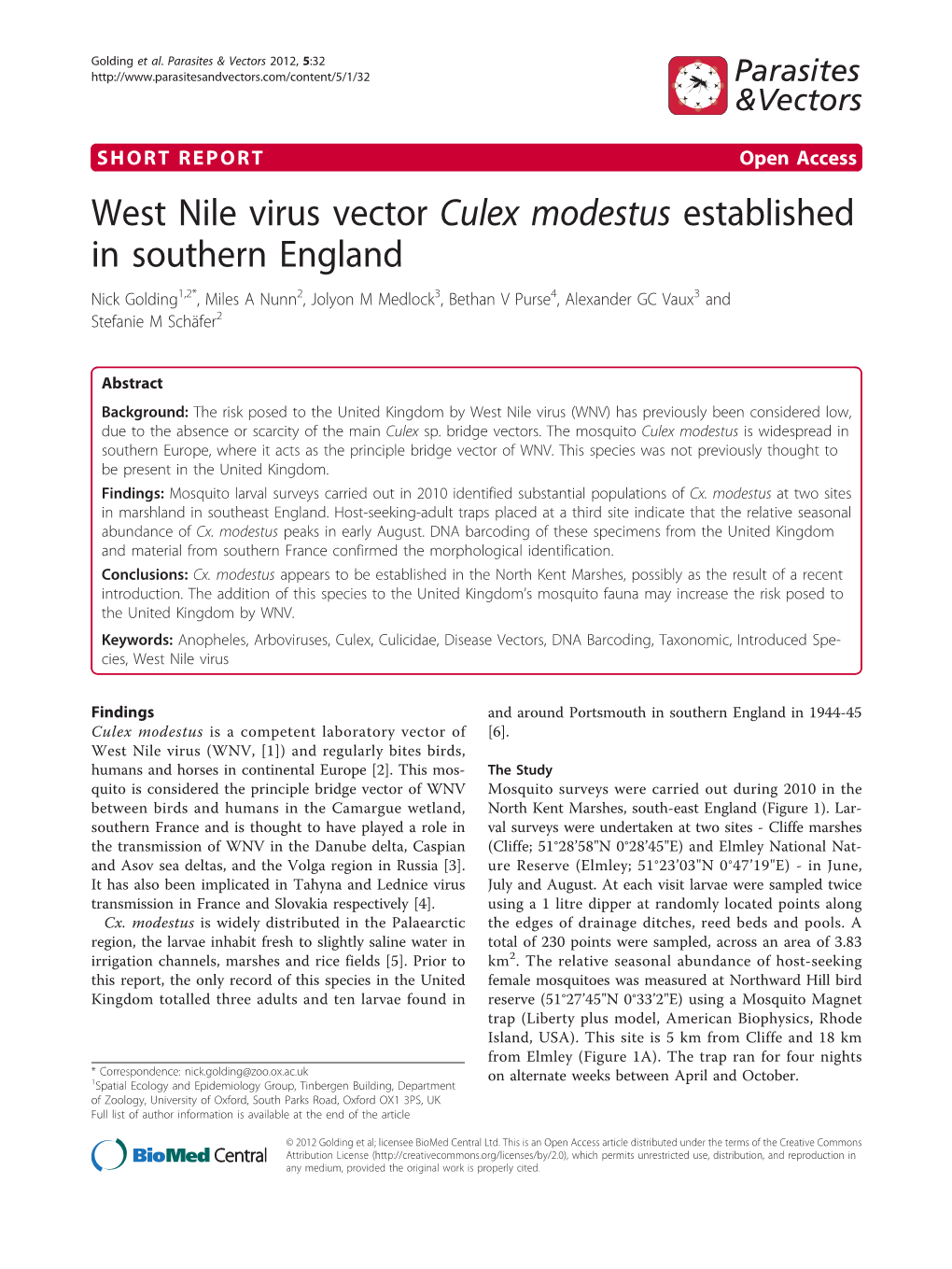 West Nile Virus Vector Culex Modestus Established in Southern England