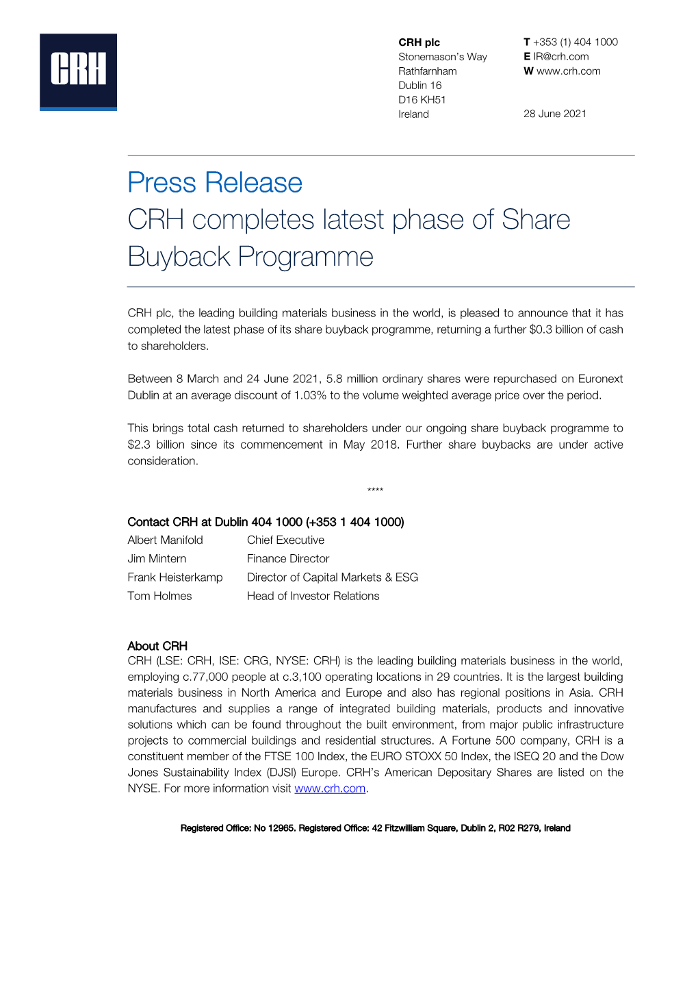 Press Release CRH Completes Latest Phase of Share Buyback Programme