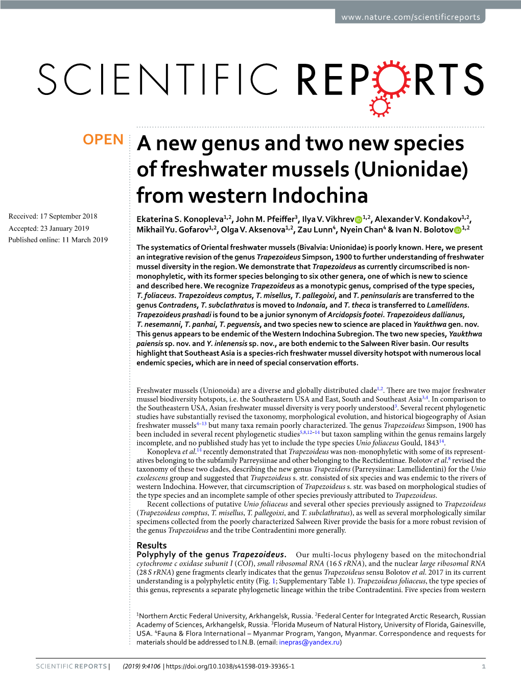 A New Genus and Two New Species of Freshwater Mussels (Unionidae) from Western Indochina Received: 17 September 2018 Ekaterina S