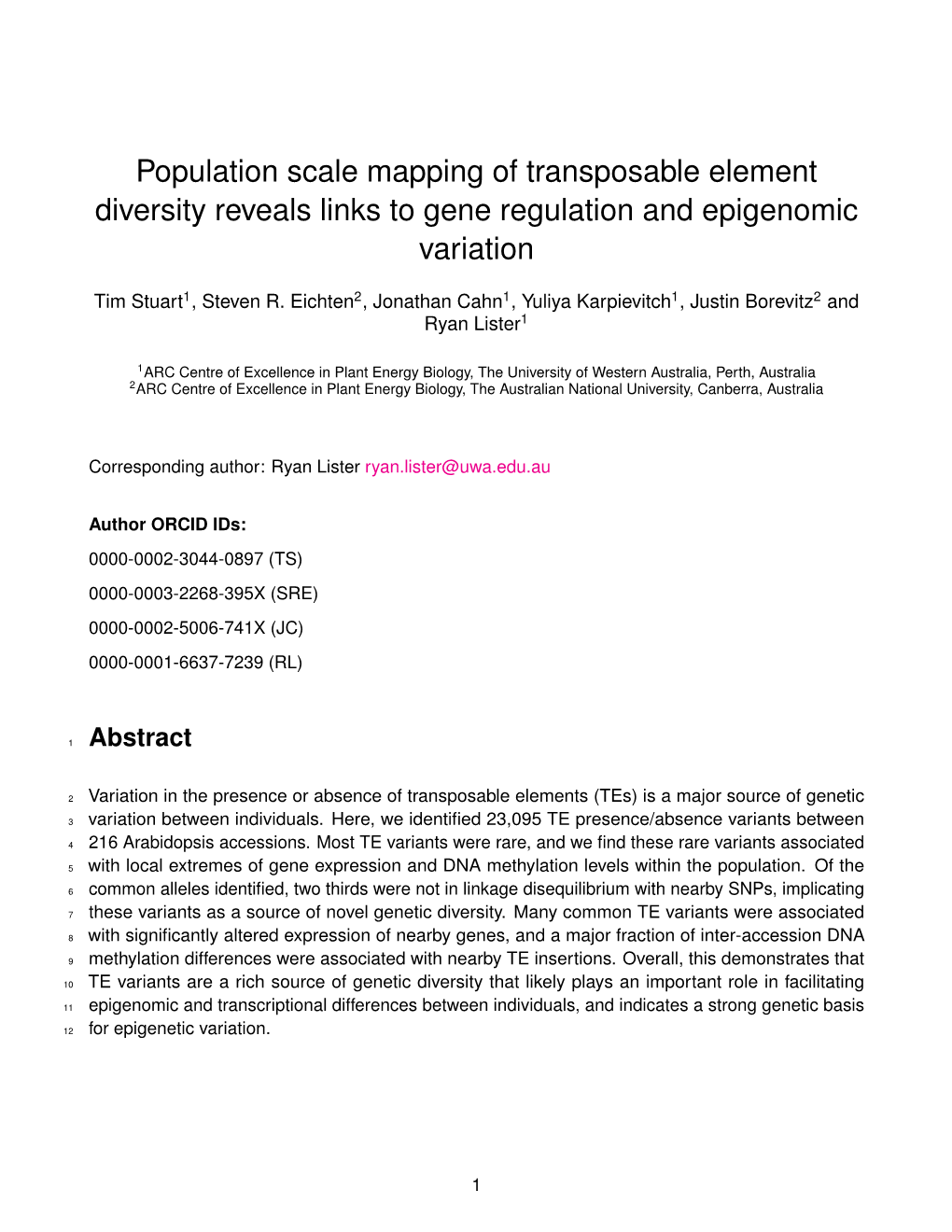 Population Scale Mapping of Transposable Element Diversity Reveals Links to Gene Regulation and Epigenomic Variation