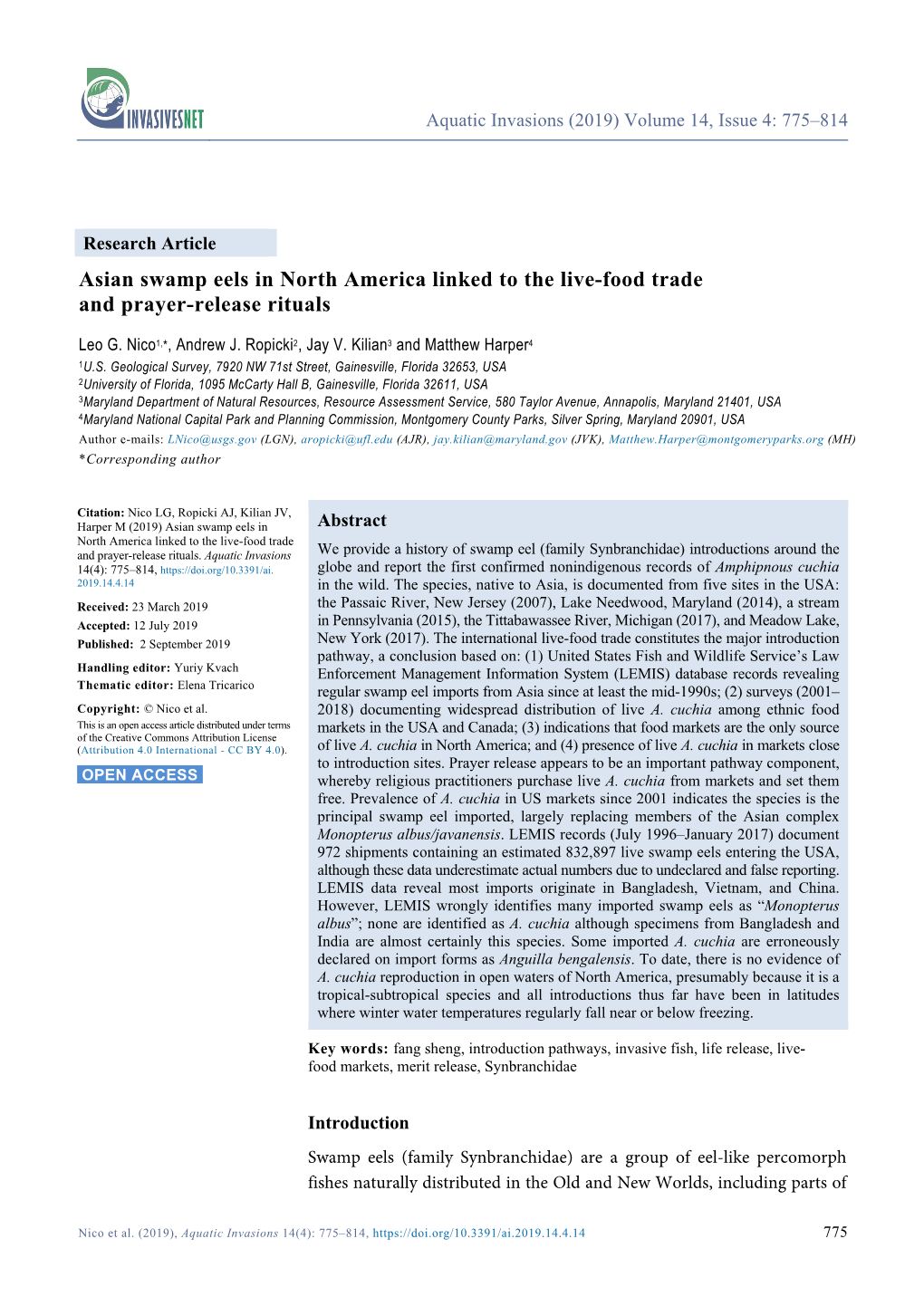 Asian Swamp Eels in North America Linked to the Live-Food Trade and Prayer-Release Rituals