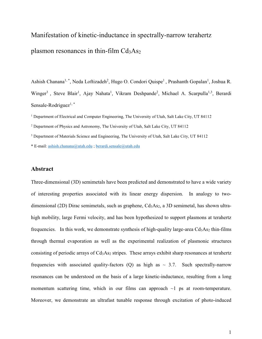 Manifestation of Kinetic-Inductance in Spectrally-Narrow Terahertz Plasmon Resonances in Thin-Film Cd3as2