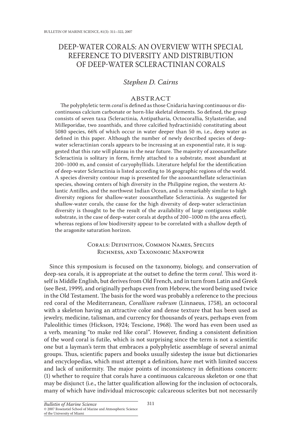 Deep-Water Corals: an Overview with Special Reference to Diversity and Distribution of Deep-Water Scleractinian Corals