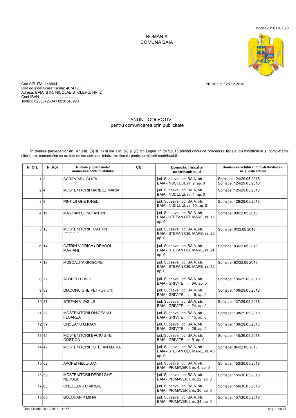 ROMANIA COMUNA BAIA ANUNȚ COLECTIV Pentru Comunicarea