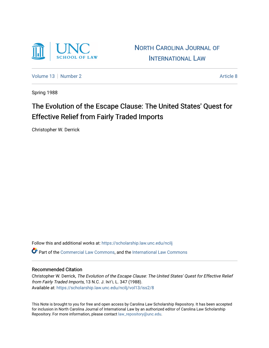 The Evolution of the Escape Clause: the United States' Quest for Effective Relief from Fairly Traded Imports