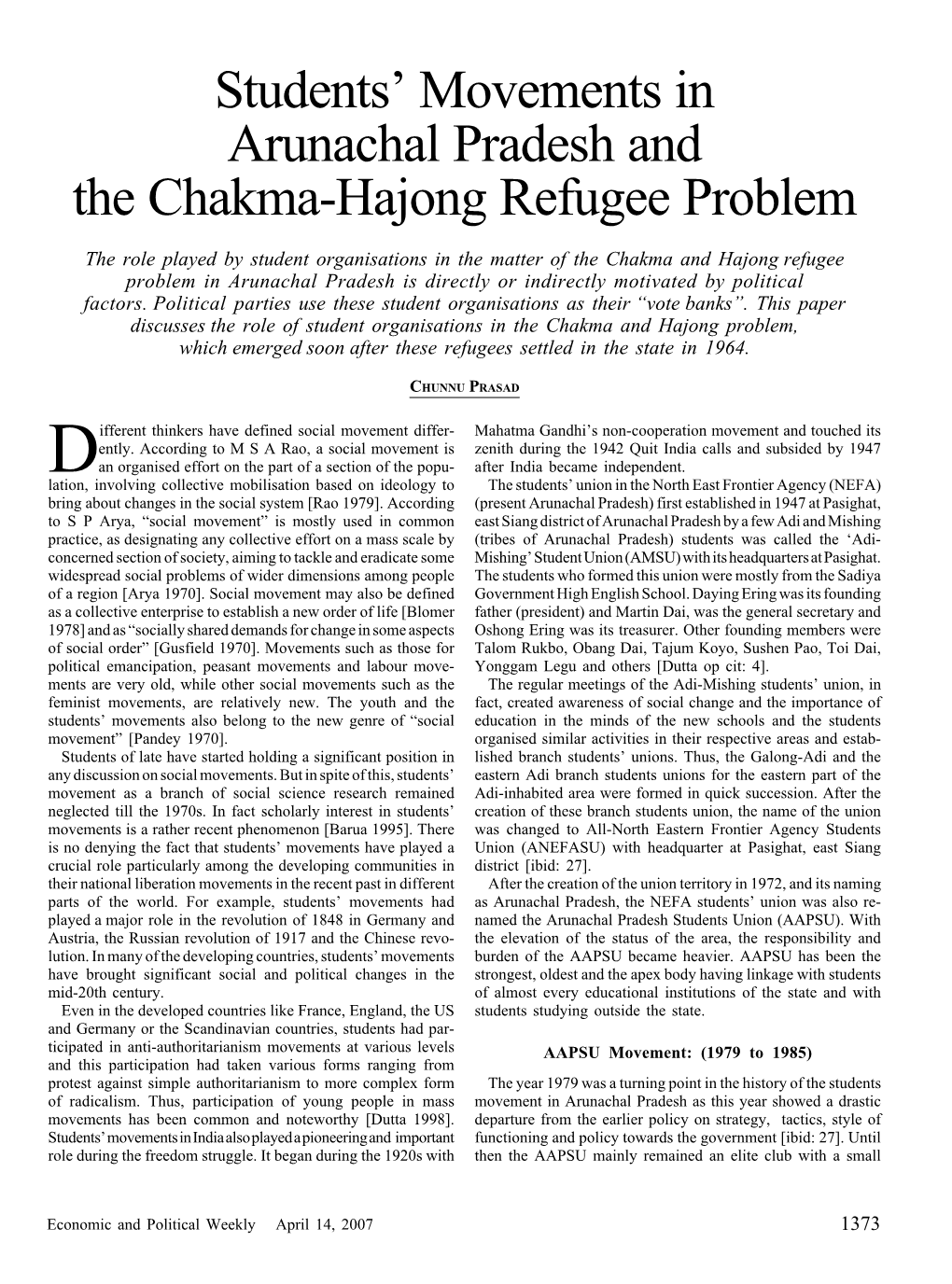 Students' Movements in Arunachal Pradesh and the Chakma-Hajong