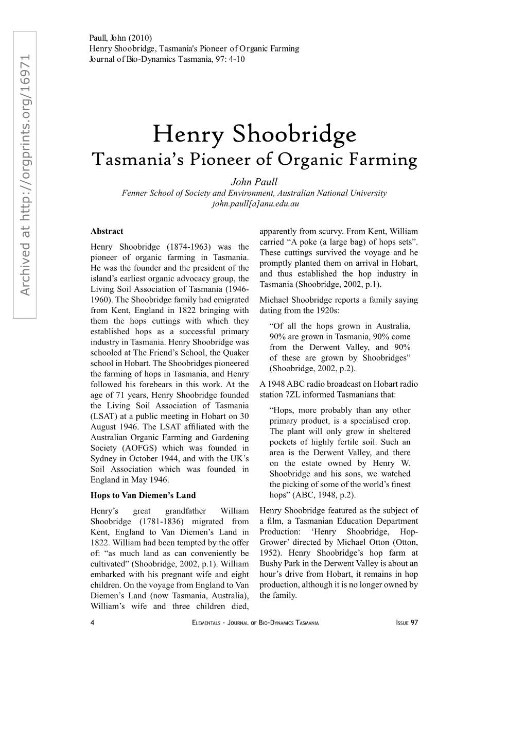 Henry Shoobridge, Tasmania's Pioneer of Organic Farming Journal of Bio-Dynamics Tasmania, 97: 4-10