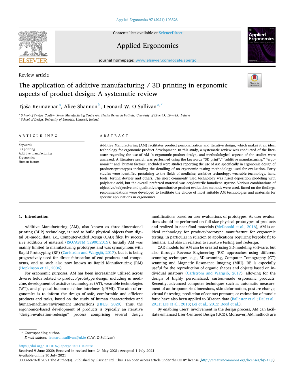 The Application of Additive Manufacturing / 3D Printing in Ergonomic Aspects of Product Design: a Systematic Review