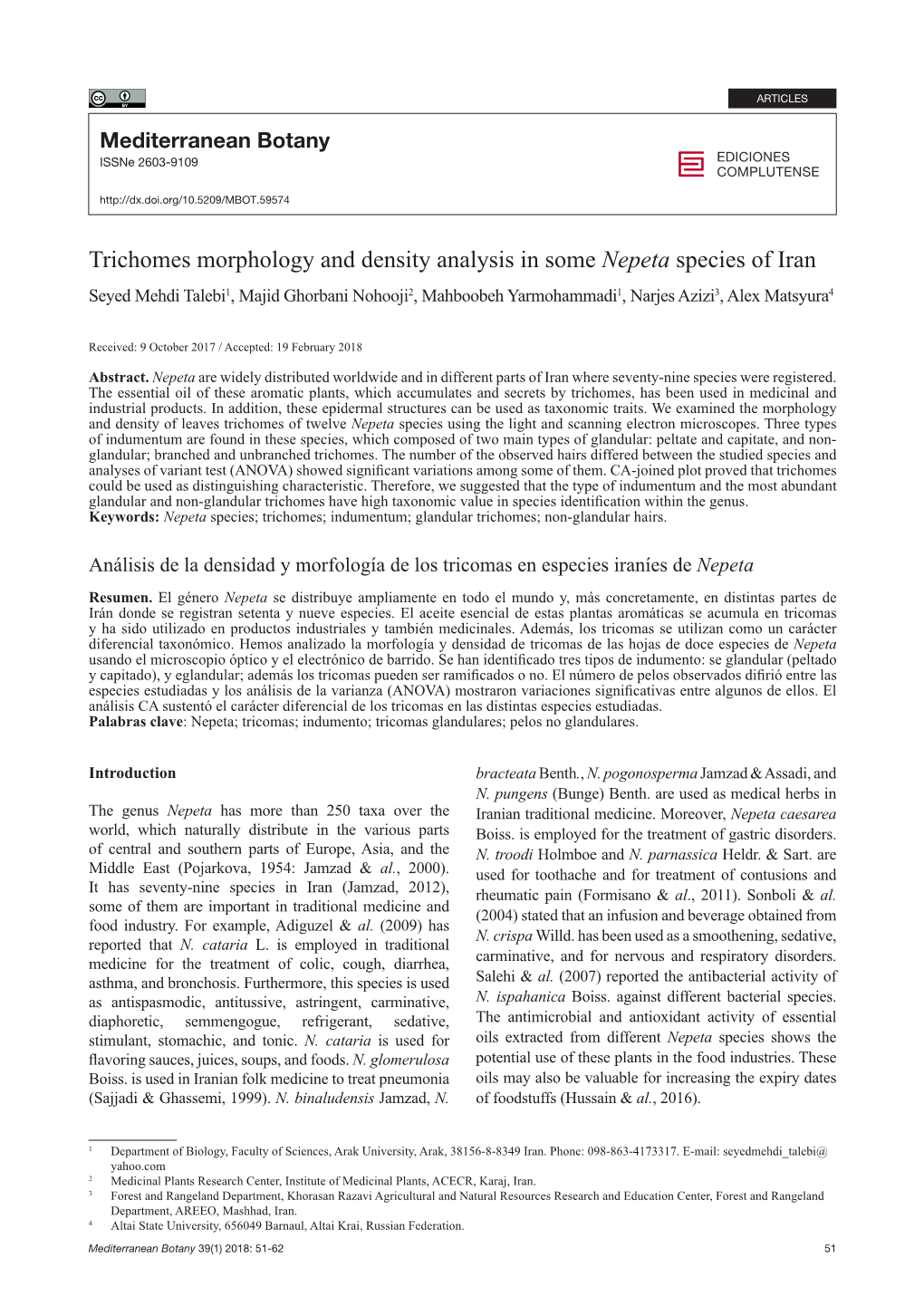 Trichomes Morphology and Density Analysis in Some Nepeta Species Of