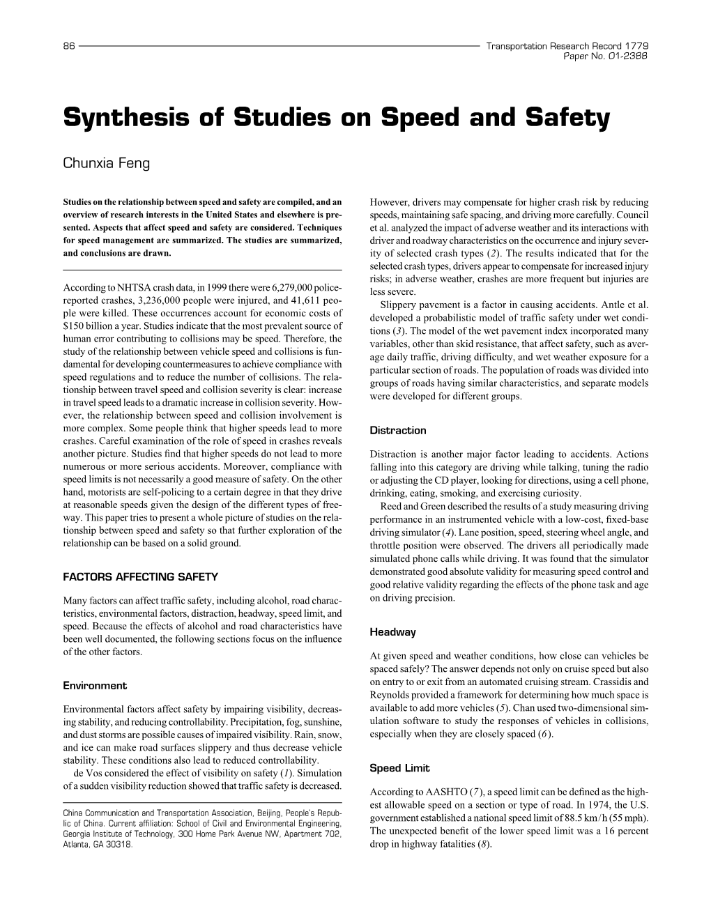 Synthesis of Studies on Speed and Safety