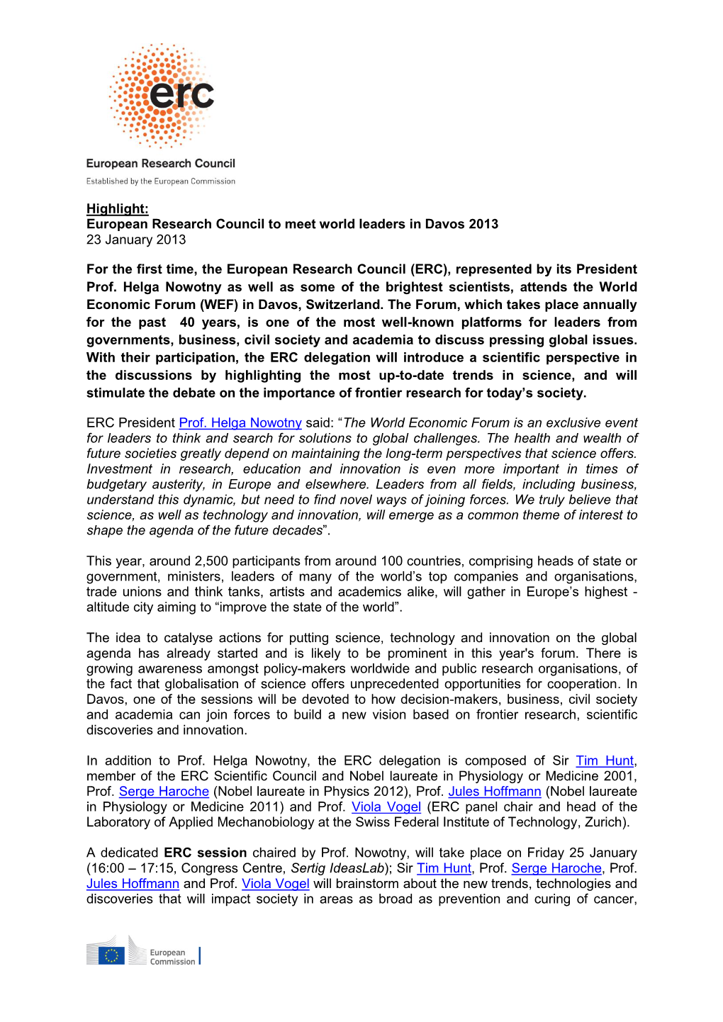 European Research Council to Meet World Leaders in Davos 2013 23 January 2013