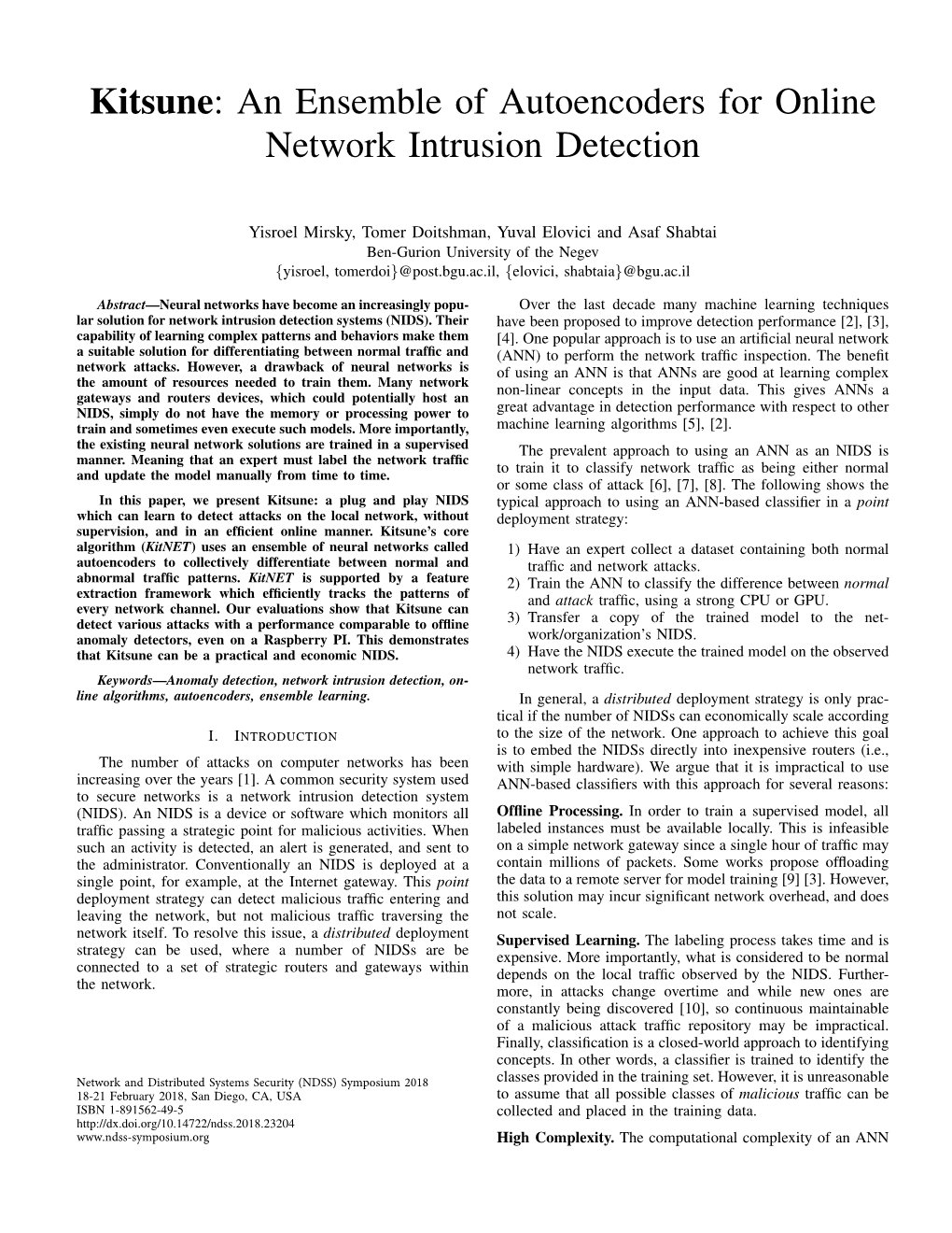 Kitsune: an Ensemble of Autoencoders for Online Network Intrusion Detection