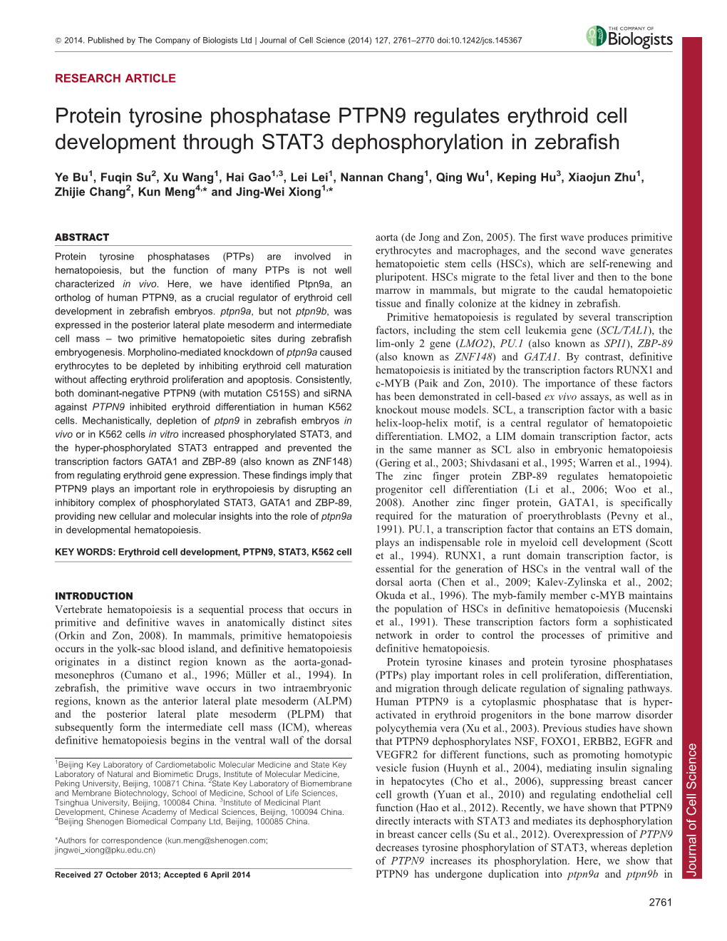 Protein Tyrosine Phosphatase PTPN9 Regulates Erythroid Cell