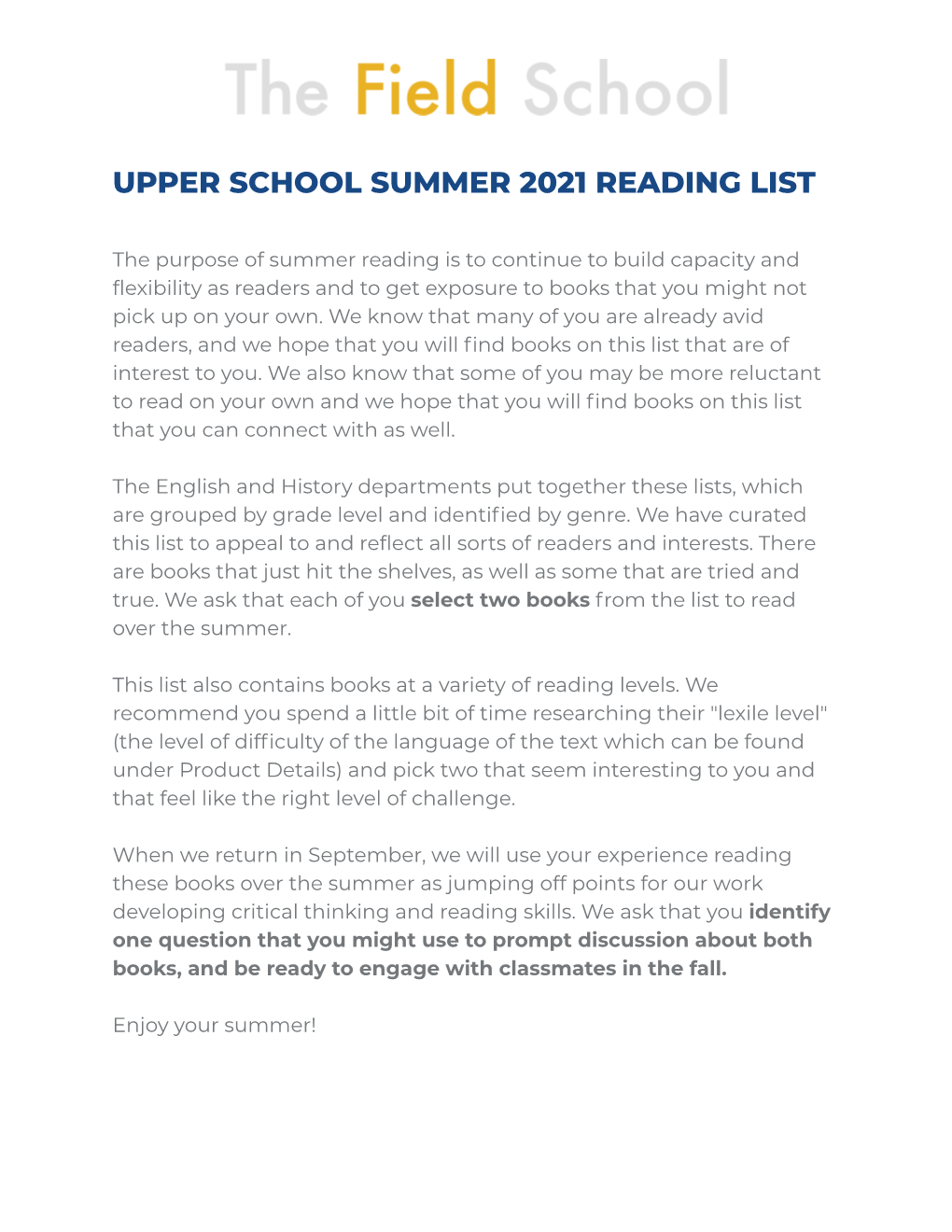 Upper School Summer Reading List