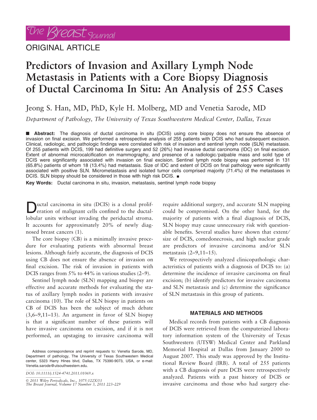 Predictors of Invasion and Axillary Lymph Node Metastasis in Patients with a Core Biopsy Diagnosis of Ductal Carcinoma in Situ: an Analysis of 255 Cases