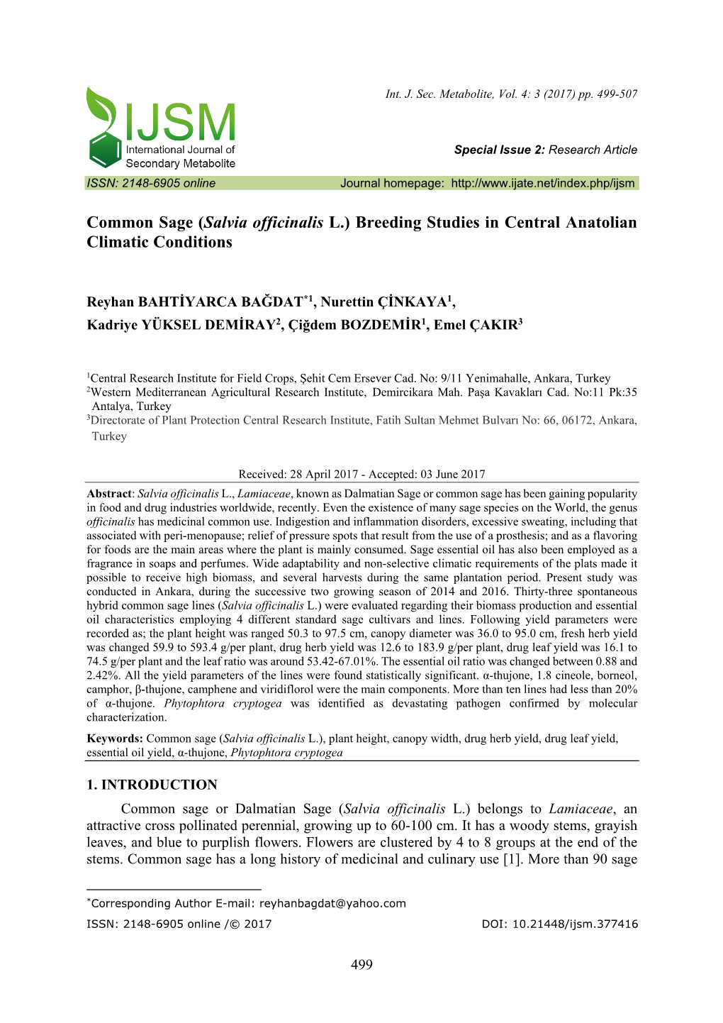 Common Sage (Salvia Officinalis L.) Breeding Studies in Central Anatolian Climatic Conditions