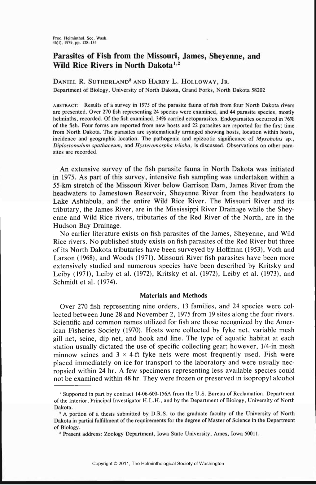 Parasites of Fish from the Missouri, James, Sheyenne, and Wild Rice Rivers in North Dakota1'2