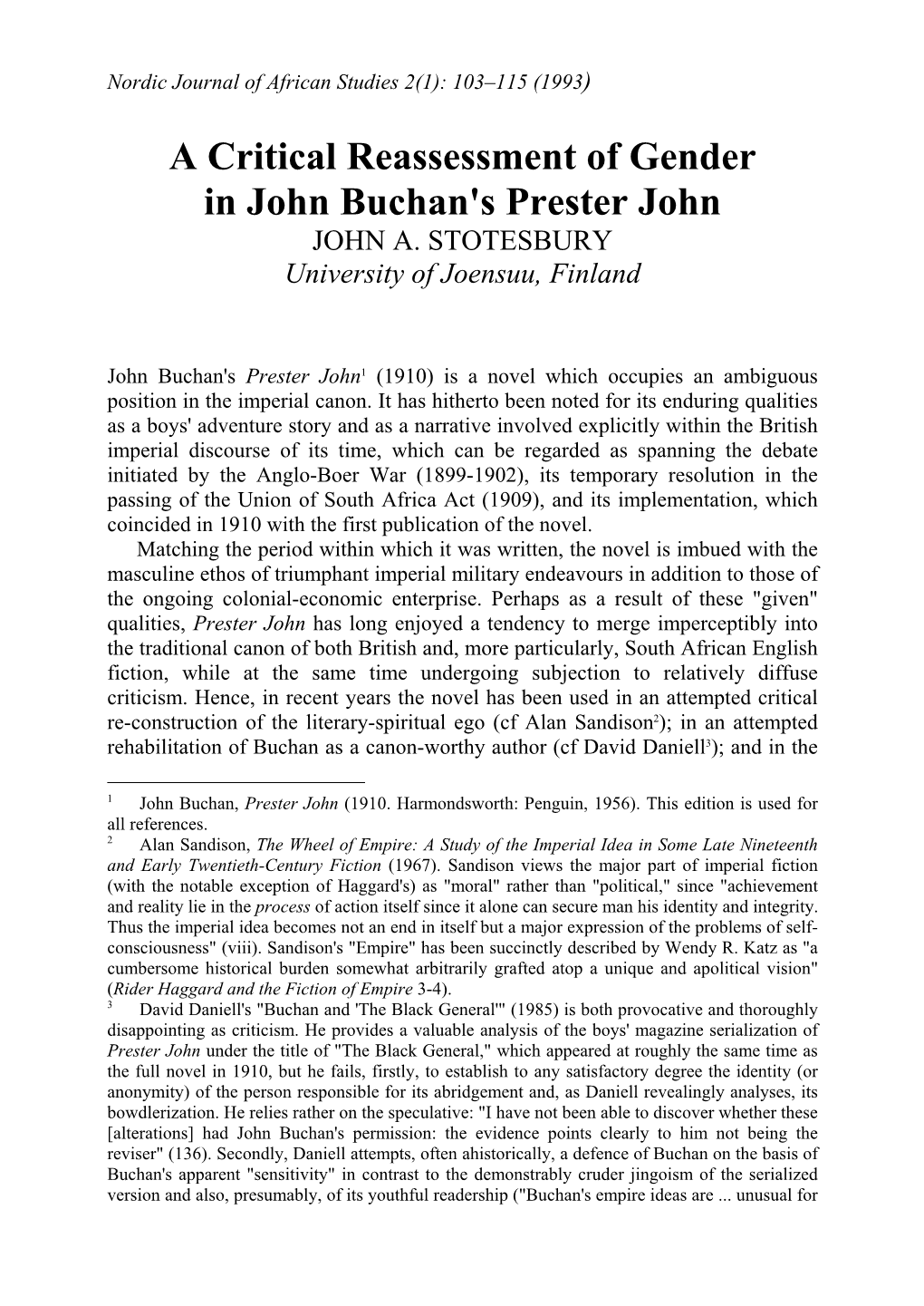 A Critical Reassessment of Gender in John Buchan's Prester John JOHN A