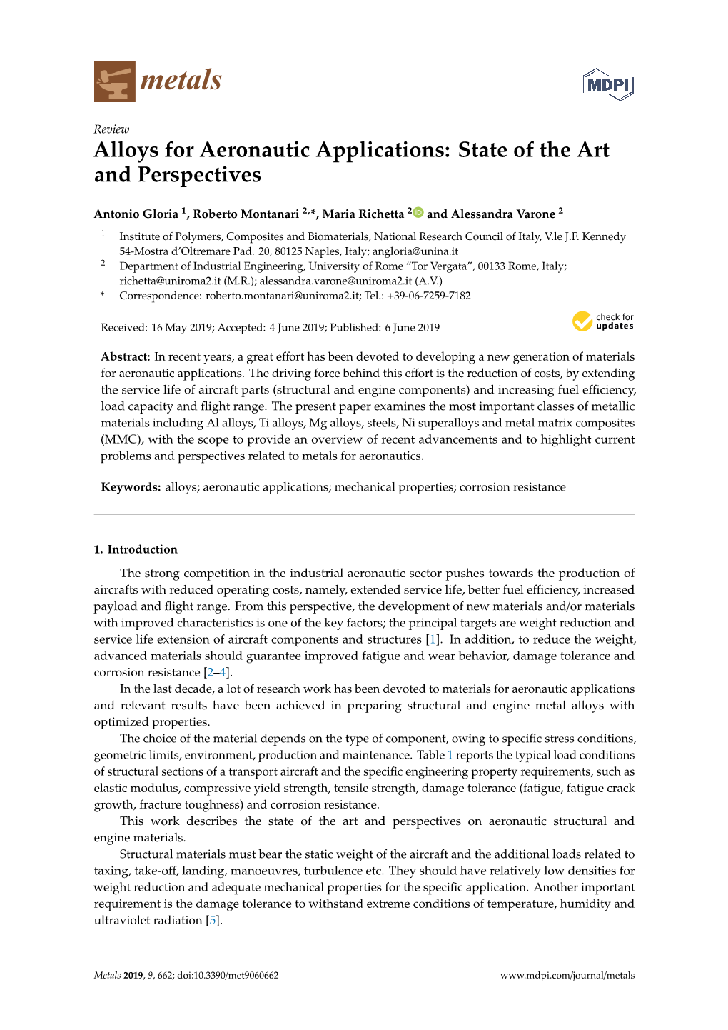 Alloys for Aeronautic Applications: State of the Art and Perspectives