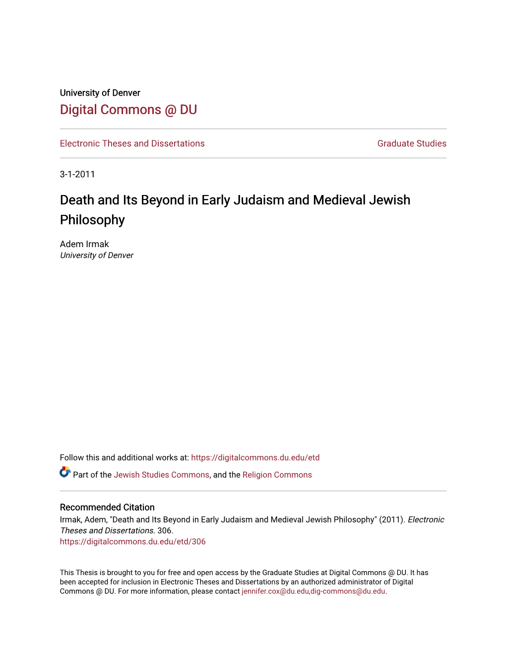 Death and Its Beyond in Early Judaism and Medieval Jewish Philosophy