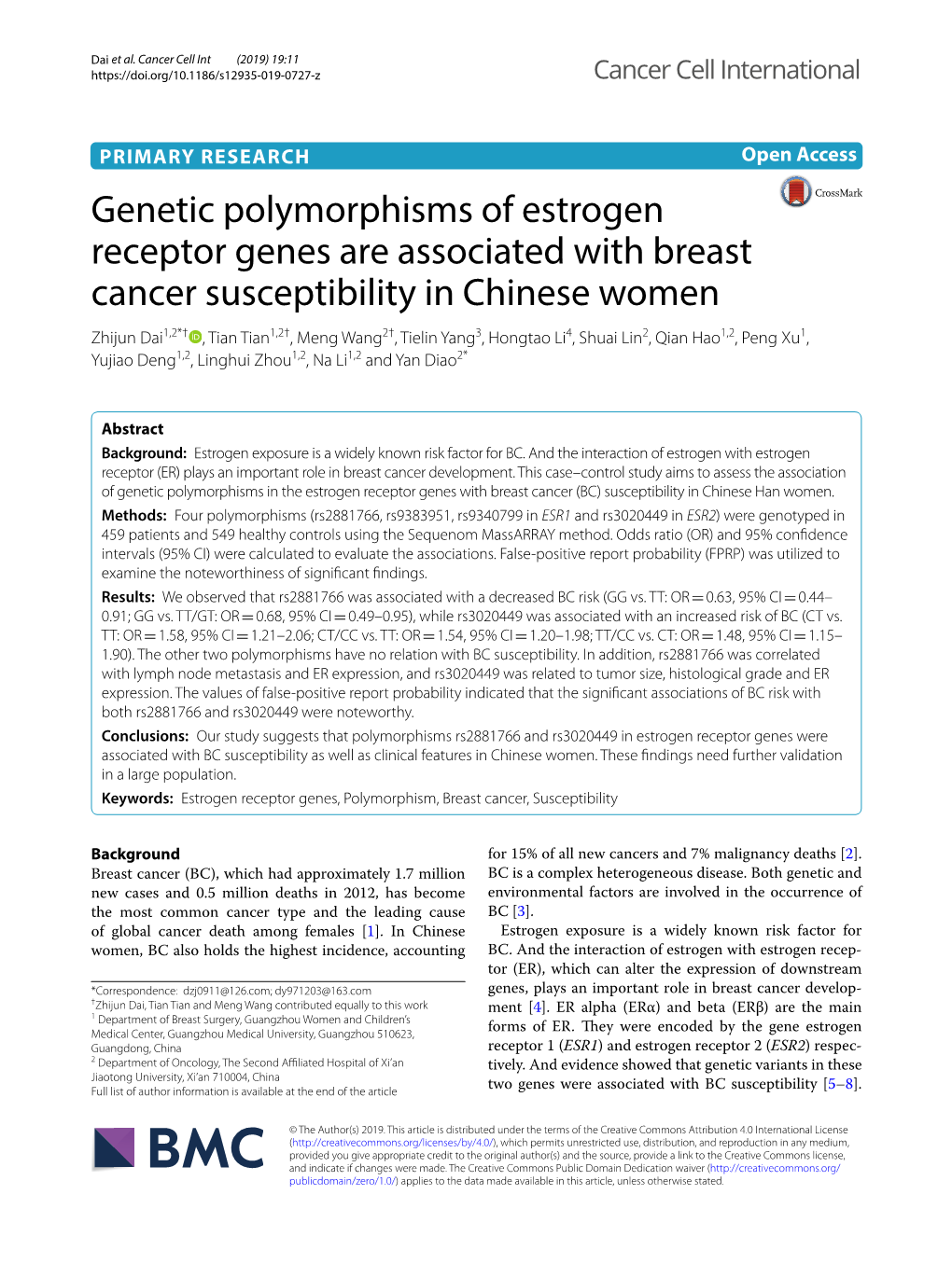 Genetic Polymorphisms of Estrogen Receptor Genes Are Associated With