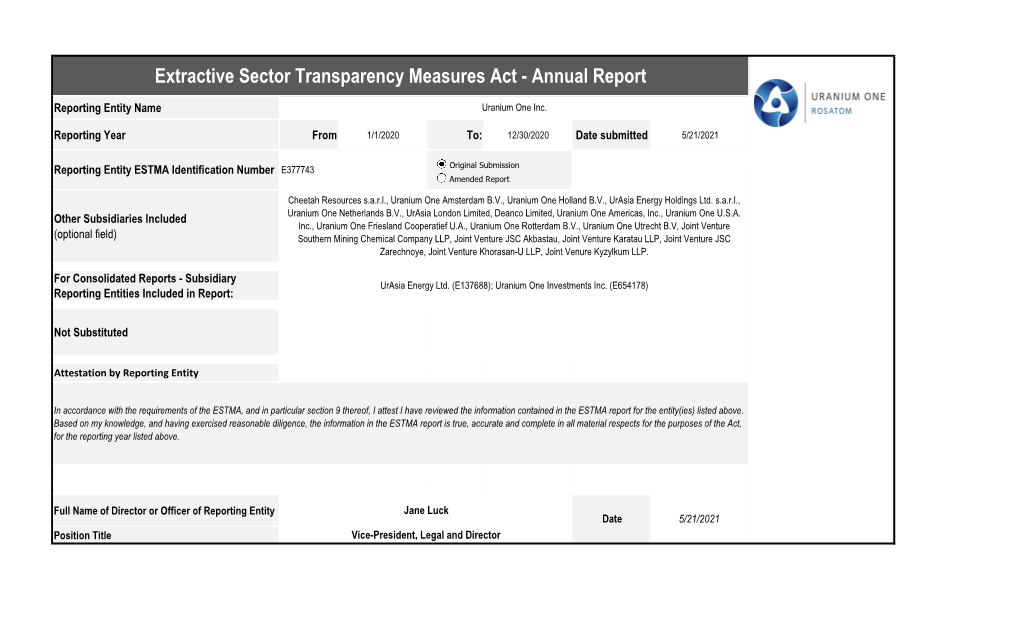 Extractive Sector Transparency Measures Act - Annual Report