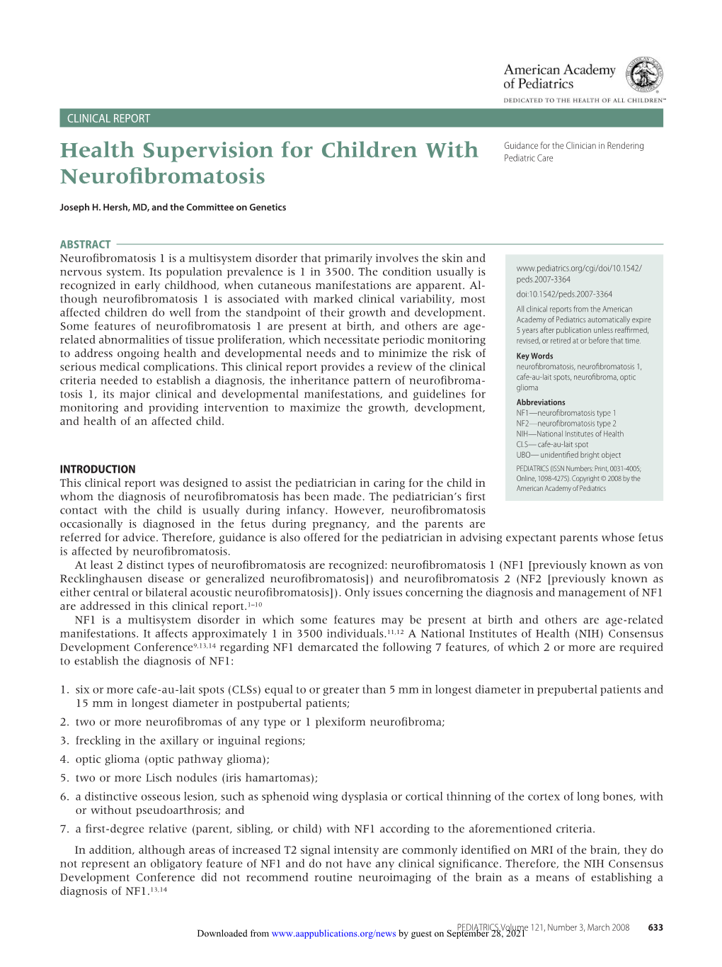 Health Supervision for Children with Neurofibromatosis Joseph H