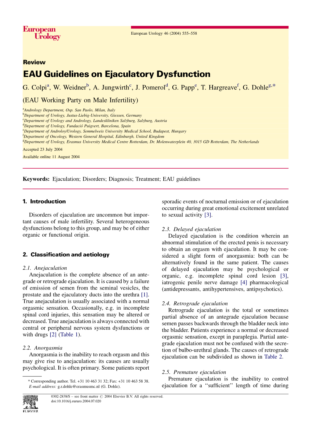 EAU Guidelines on Ejaculatory Dysfunction G