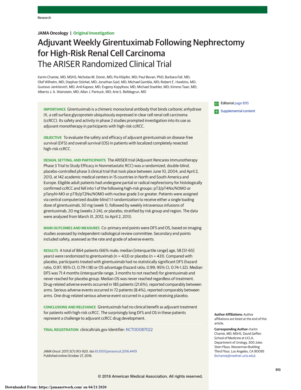 Adjuvant Weekly Girentuximab Following Nephrectomy for High-Risk Renal Cell Carcinoma: the ARISER Randomized Clinical Trial