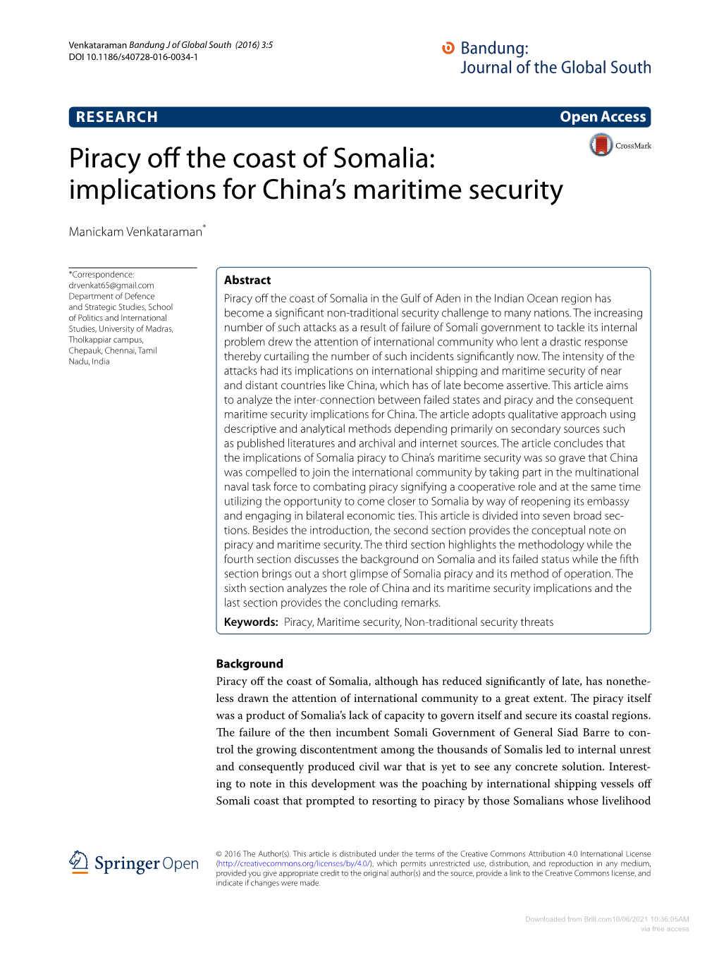 Piracy Off the Coast of Somalia: Implications for China's Maritime