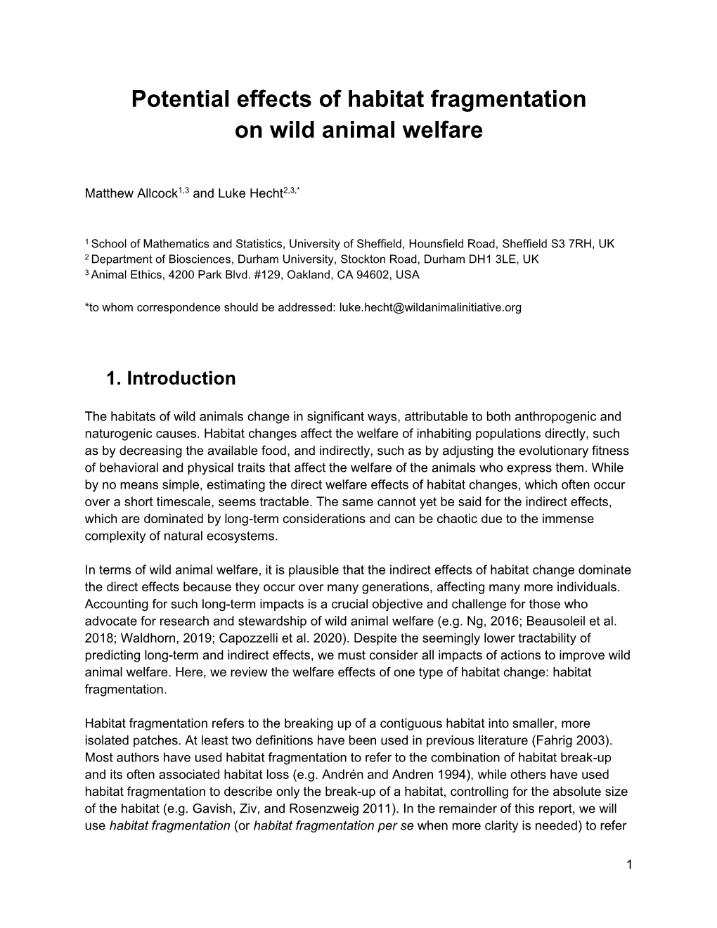 Potential Effects of Habitat Fragmentation on Wild Animal Welfare