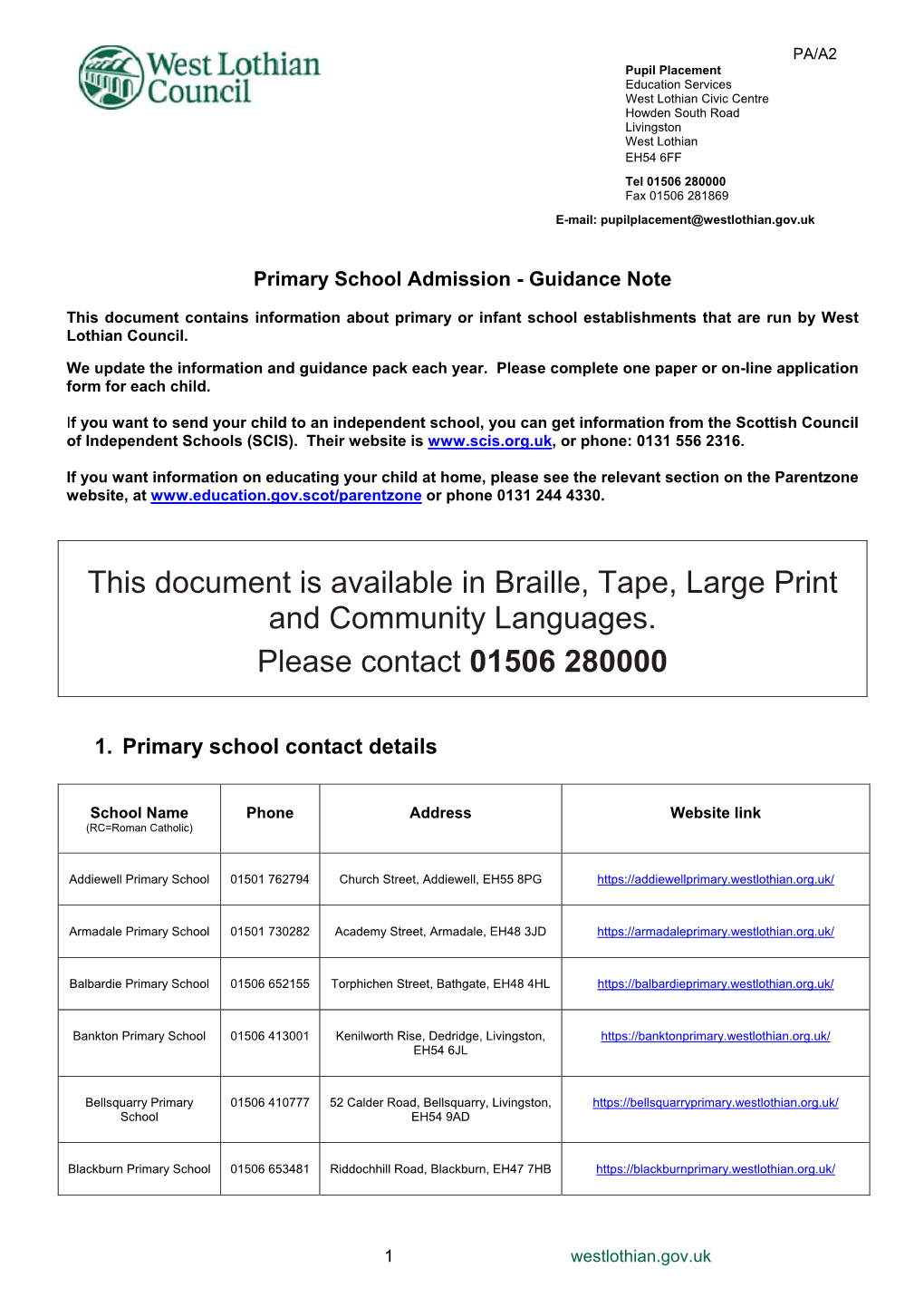 Primary School Admission Guidance Note