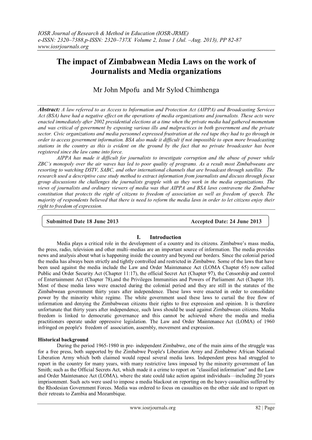 The Impact of Zimbabwean Media Laws on the Work of Journalists and Media Organizations