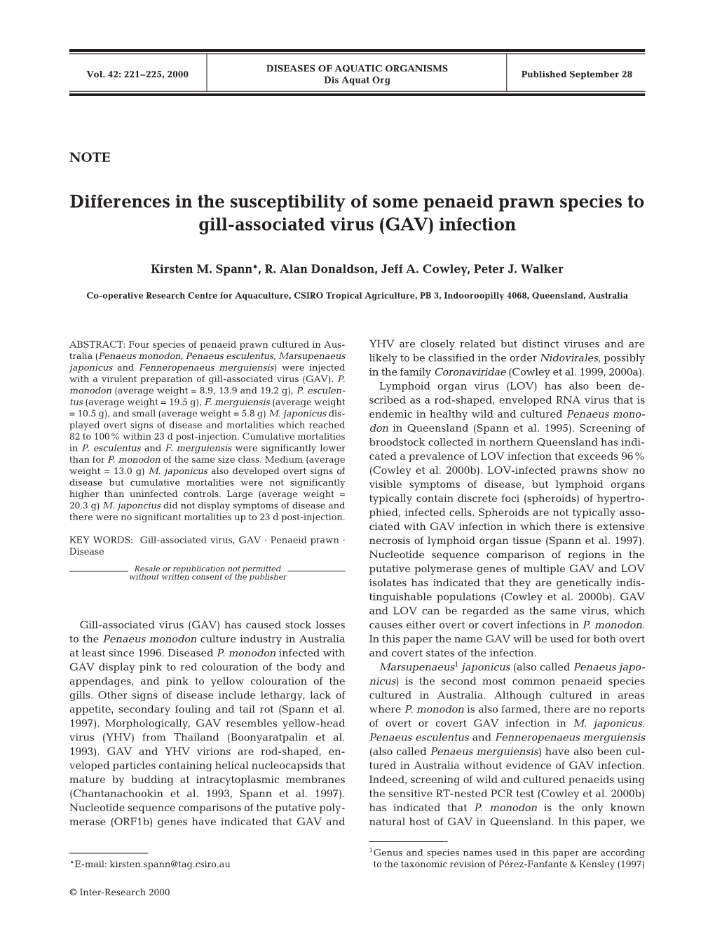 Differences in the Susceptibility of Some Penaeid Prawn Species to Gill-Associated Virus (GAV) Infection