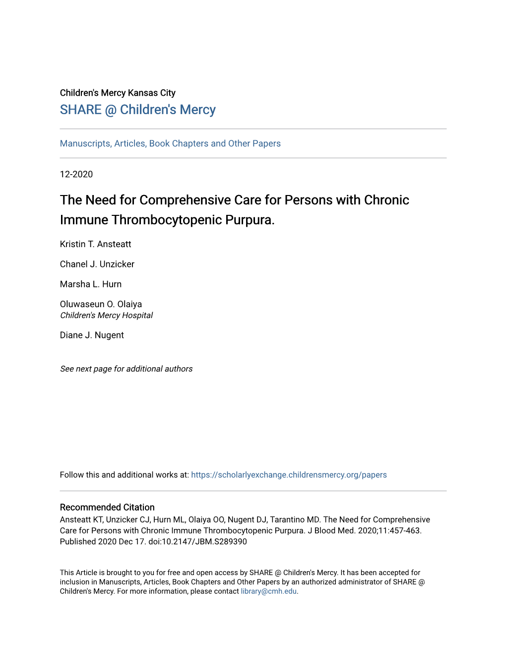 The Need for Comprehensive Care for Persons with Chronic Immune Thrombocytopenic Purpura